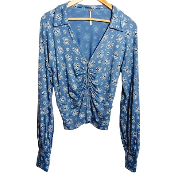 Free People, Medium Blue Top, Boho Chic, Retro Styled, Deep V Neck, Long Sleeve - Picture 1 of 16